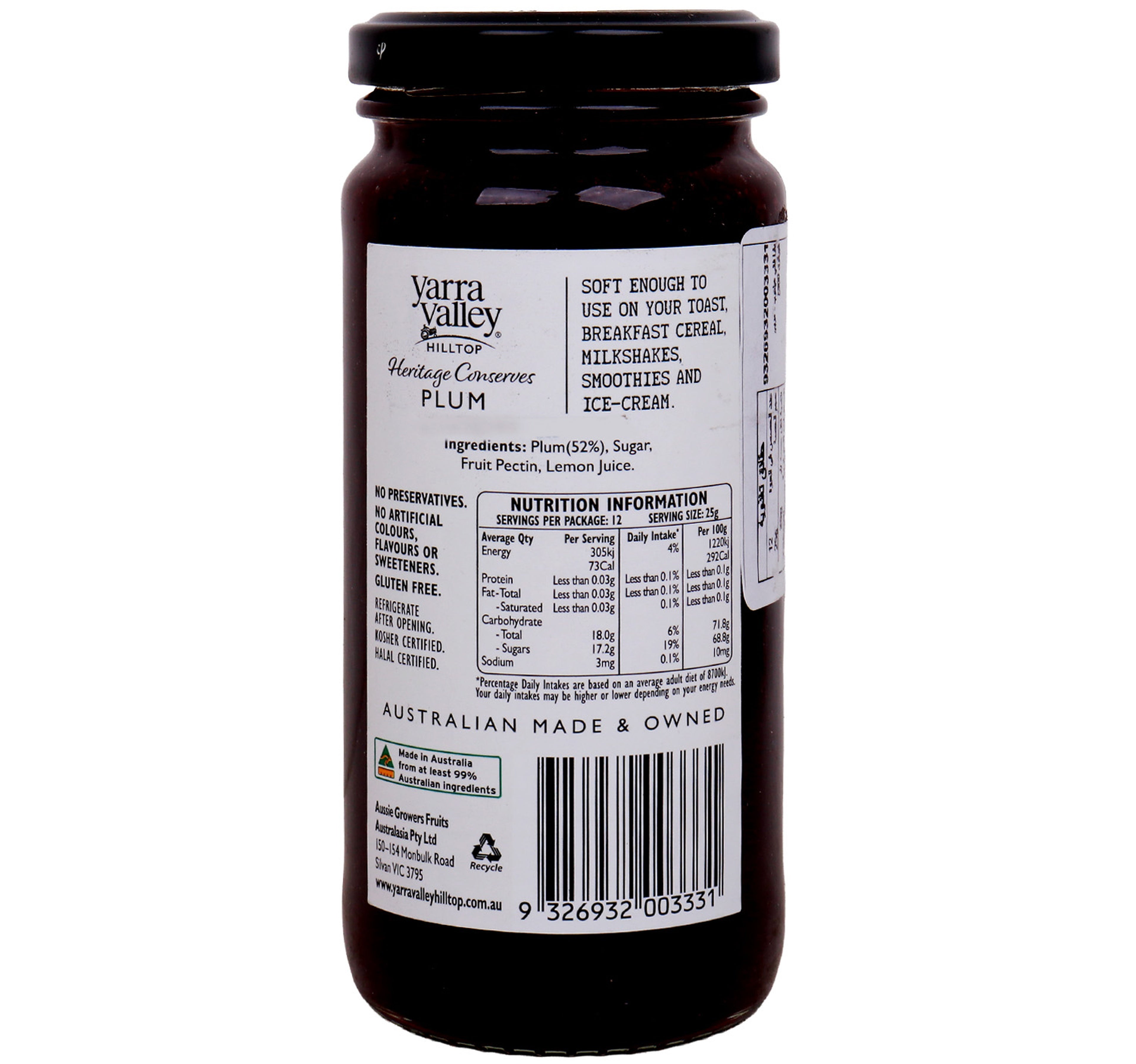Yarra Valley Hilltop Plum Jam 300 g